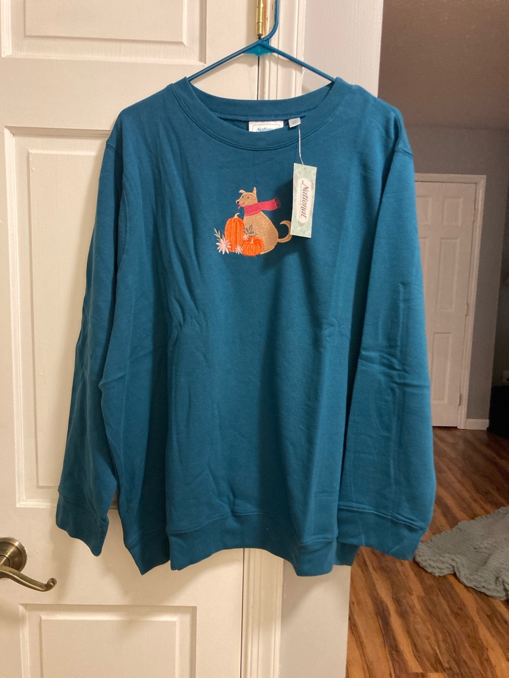 Women's Teal Pullover Sweatshirt with Dog & Pumpkin Fall Embroidery Size 3X
